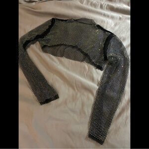 Black Rhinestone Mesh Long-Sleeve Crop Top